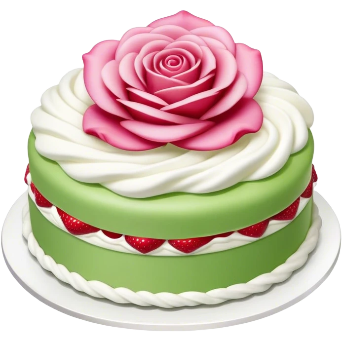 cake with green marzipan on top, with a pink marzipan rose on top. Whipped cream, vanilla cream and strawberry jam inside emoji