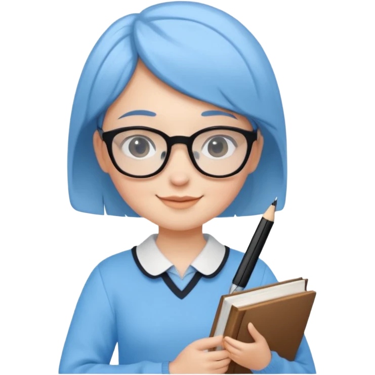 A smart and cute girl with short hair, wearing sky blue clothes,
I hold a book in one arm. There is a pen in the book.
He is wearing black-rimmed glasses and smiling brightly. emoji