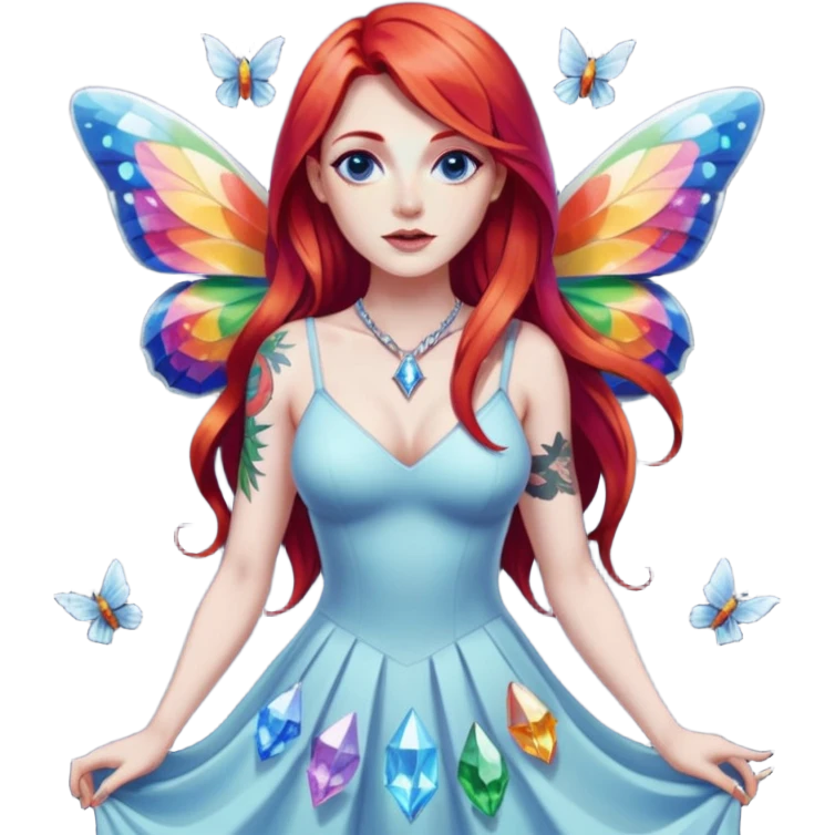 woman-long-red-hair-blue-eyes-white-skin-tattoos-big-breast-wearing-rainbow-crystal-shard-dress,-moths-orbiting,-flirty-contrapposto-pose emoji