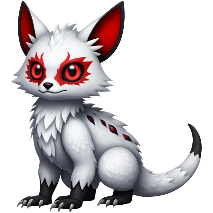 a white exotic edgy vernid-fionbr-Fakémon-creature, with black belly and red eyes, full body emoji