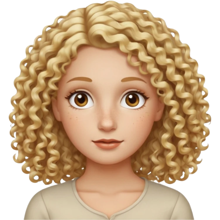 Blond curly hair white women, oval shape face hazel eyes long lashes little bit of freckles high cheek bones emoji