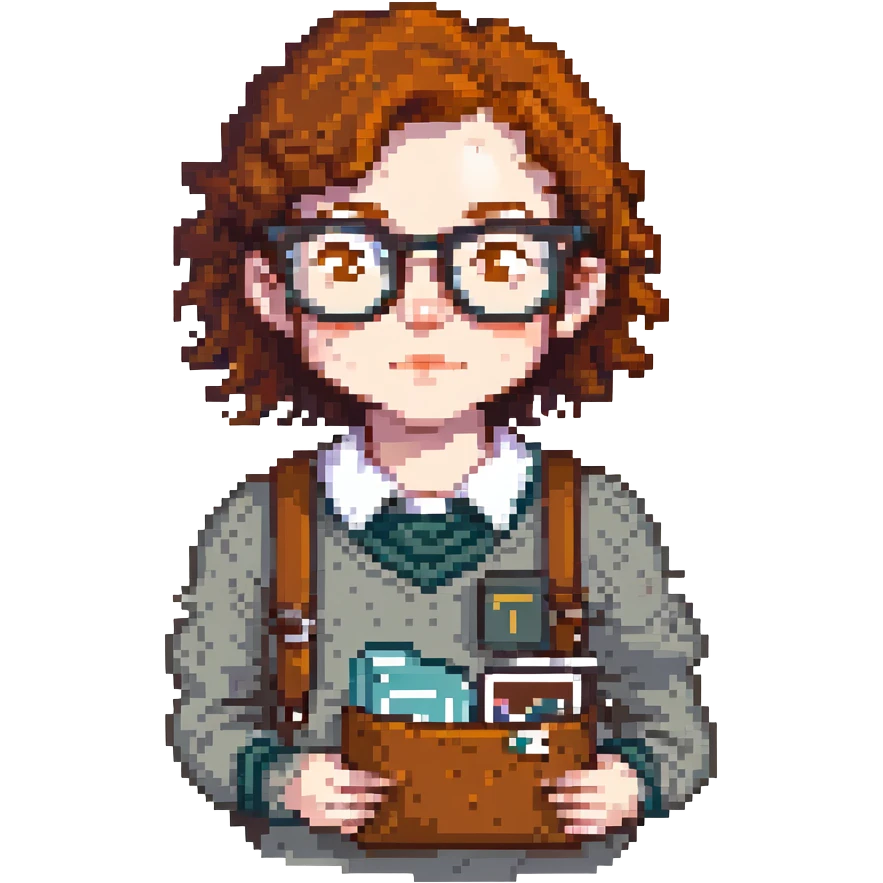 pixel art icon of a nerd with freckles, thick glasses, and a pocket protector emoji