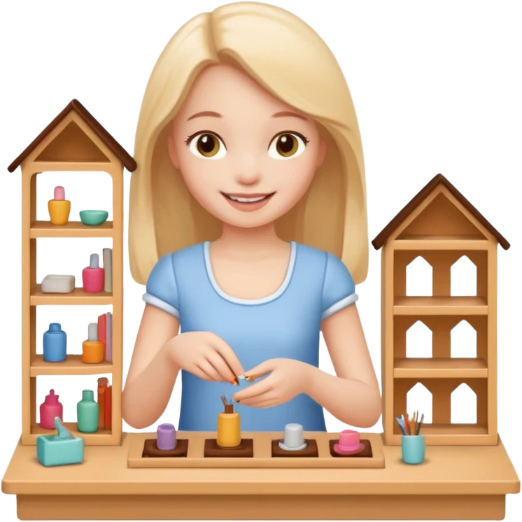 smiling girl arranging furniture in doll house emoji
