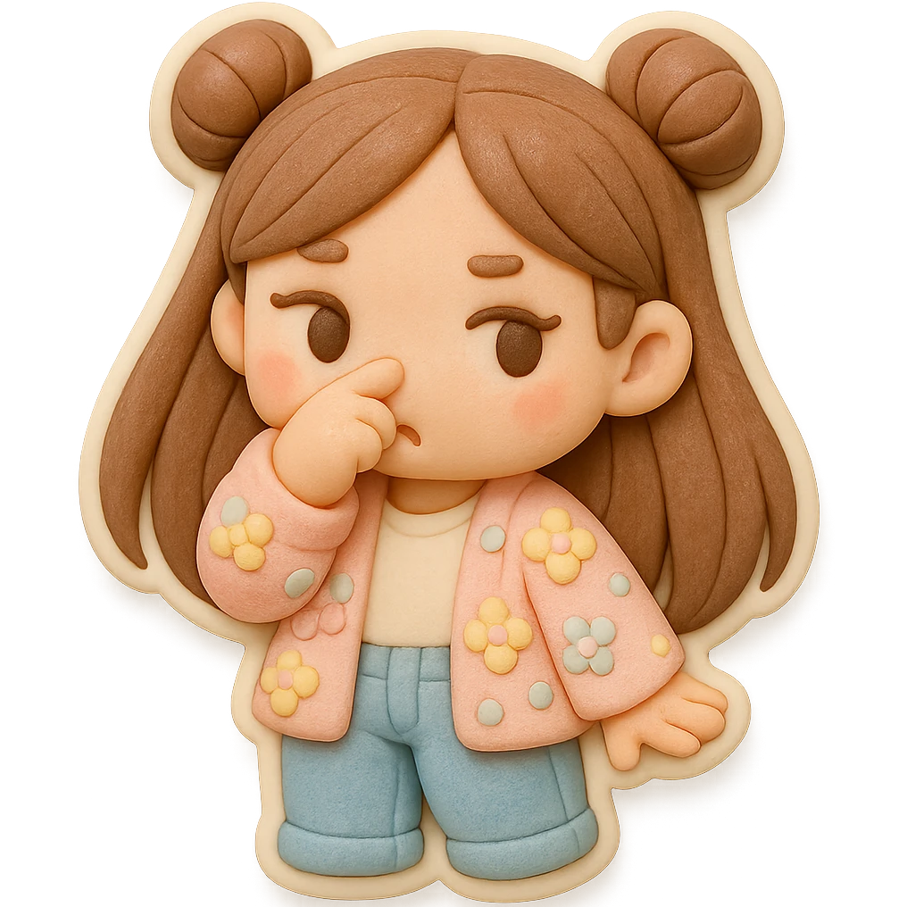 3D chibi fondant cake art style, high-quality rendering with smooth shadows and soft gradients. Girl with long brown hair in two space buns, brown eyes, jeans, pastel floral cardigan, thick white outline like a sticker, transparent background. Waving her hand in front of her nose like 'ew, it stinks', preserve facial features. emoji