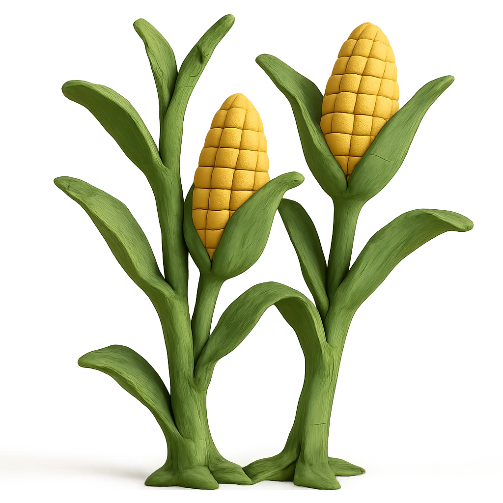 close-up of corn stalks with ears of corn, gentle sunlight, pastel background, claymation style emoji