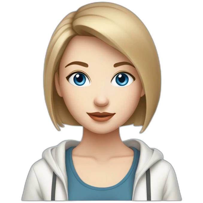 beautiful girl with computer,blue eyes,beautiful girl with short hair with computer,blue eyes,white skin, makeup, hoodie,short light-brown hair,code in background emoji