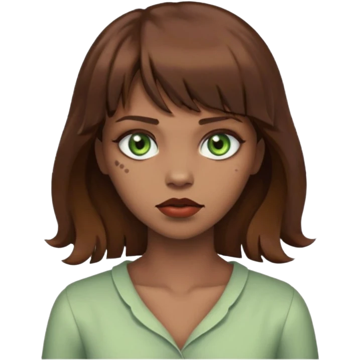 Zumbi mulher, olhos verdes, cabelo castanho com franja e ondulado  emoji