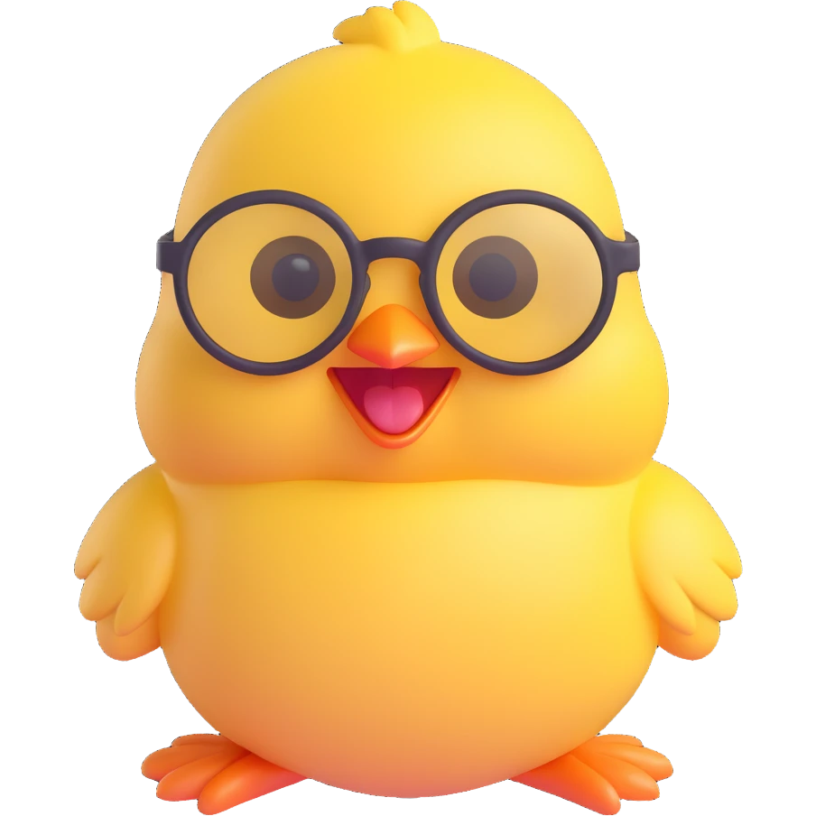 A baby chick laughing, 3D emoji style, with round glasses emoji