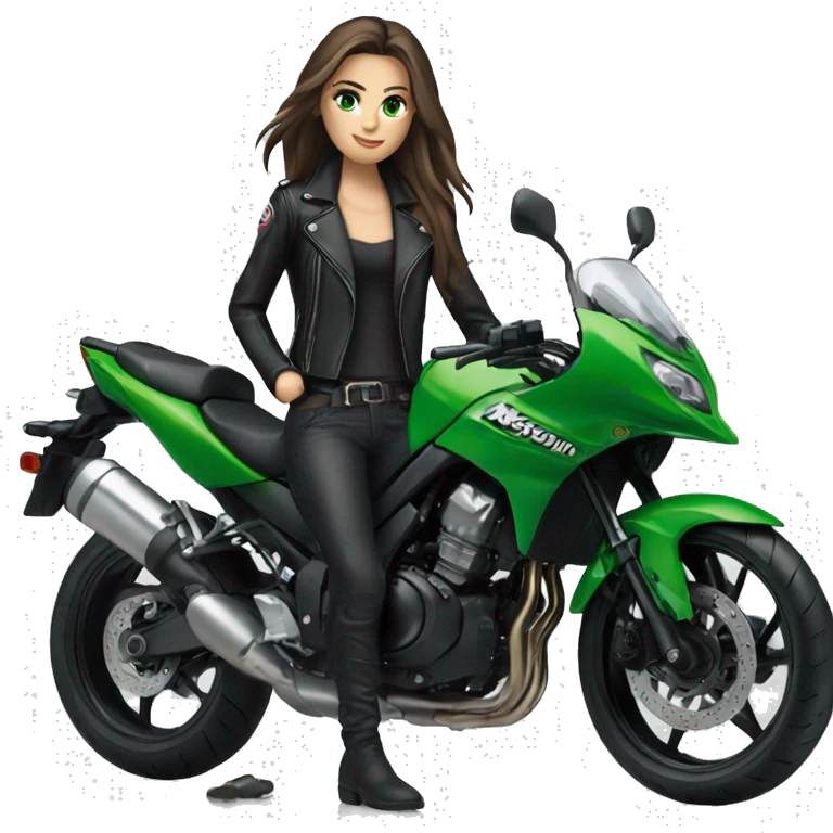 Brunette Girl with Green eyes, Long hair, wearing a black leather jacket is sitting next to a Kawasaki motorbike emoji