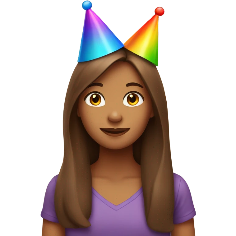 Girl with long brown hair wearing a birthday hat emoji