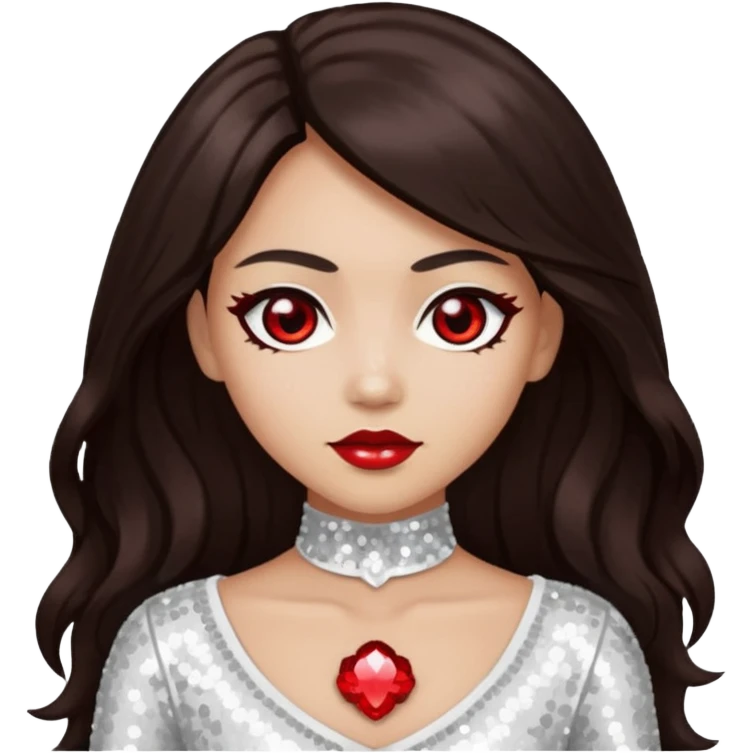 Bloody Mary with light skin, long dark brown hair, red eye, white sequin outfit emoji