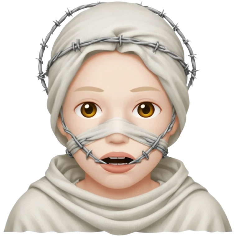 Head wrapped in gauze, mouth sealed with barbed wire. emoji