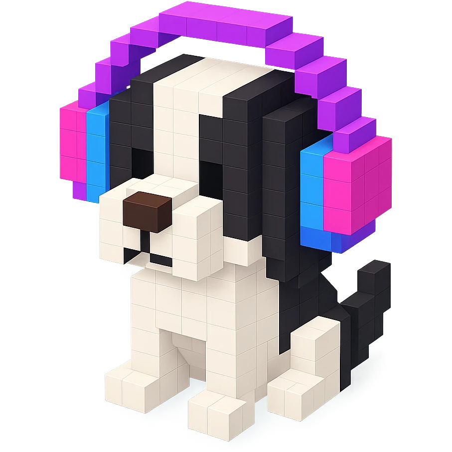 black and white Russian Cocker Spaniel puppy wearing headphones emoji