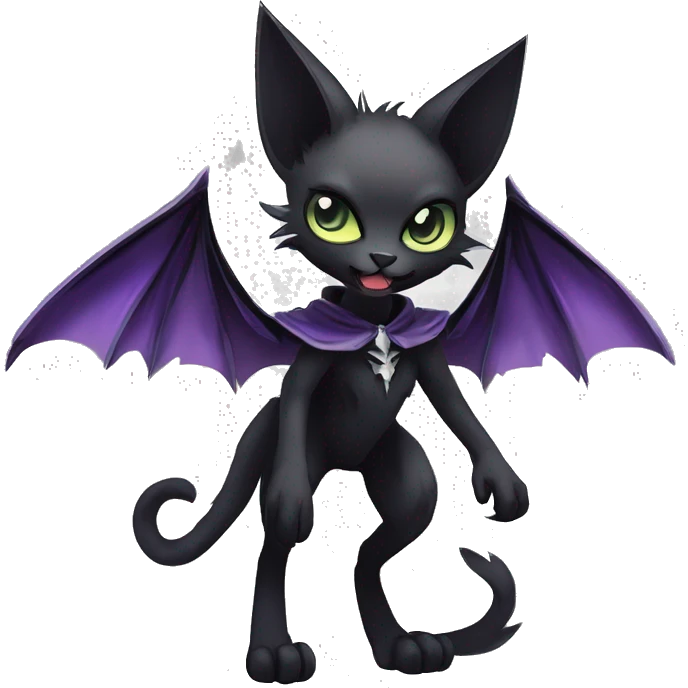   cool edgy beautiful anime-style ethereal dark-punk-themed animal vampiric cat-hybrid Fakemon with big fangs and bat-wing-ears with a cape full body emoji