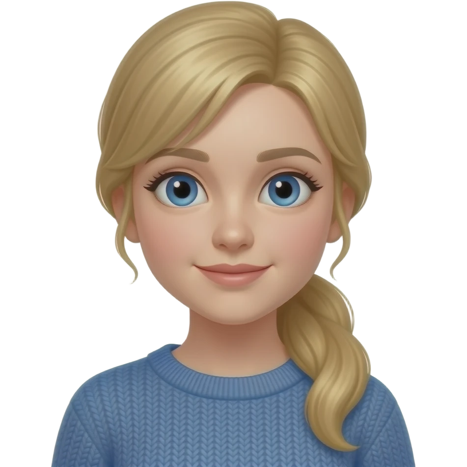 Female, teen, blonde hair, ponytail, blue eyes, blue sweater emoji