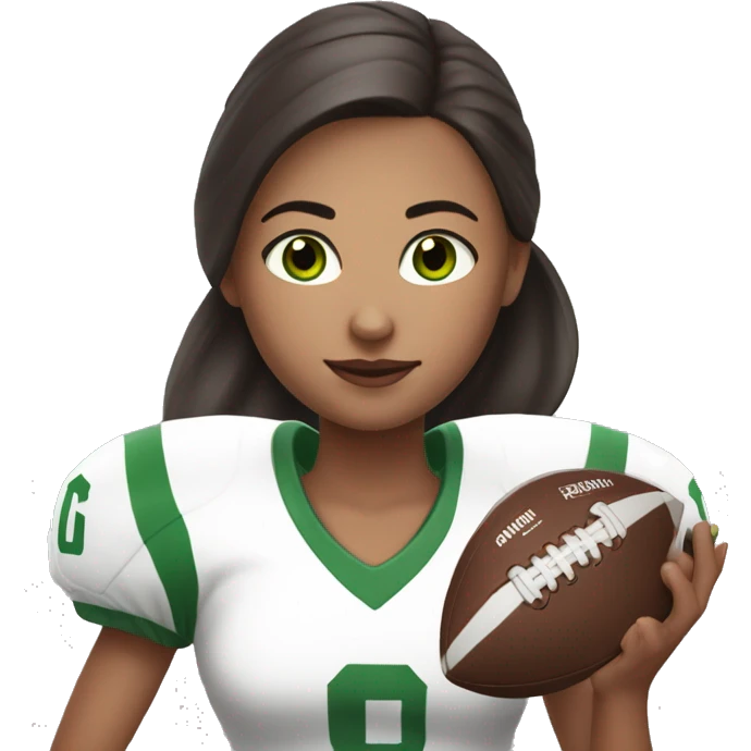 white girl with long, dark brown hair in ponytail, green eyes, wearing  football jersey and holding a football.   emoji