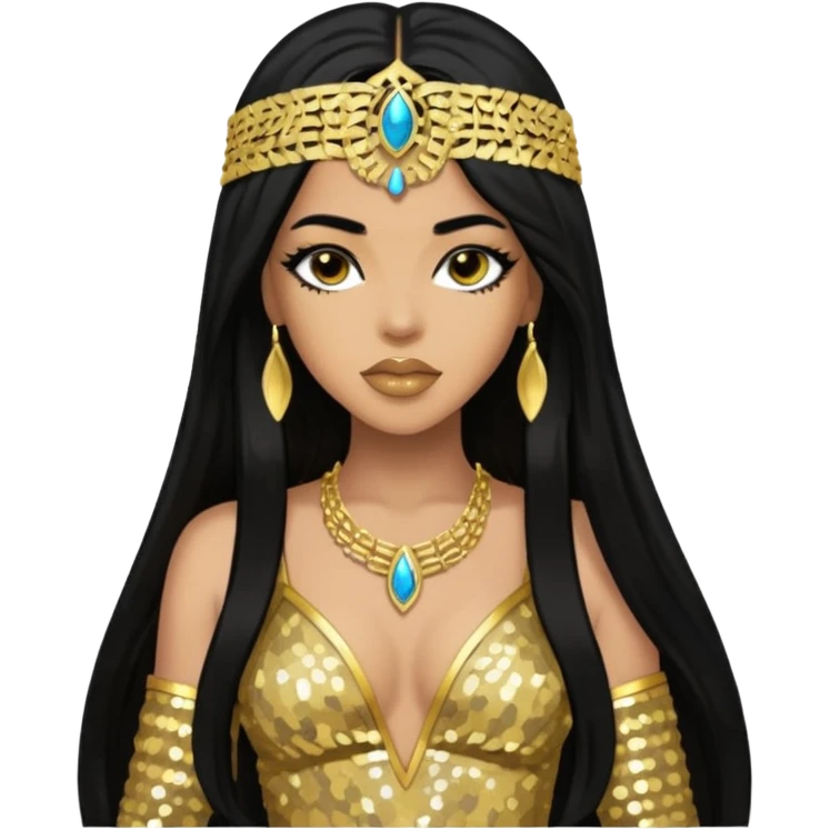 Aaliyah as Akasha with long black hair, gold sequin outfit emoji