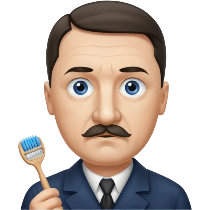 Adolf Hitler had an oval face with fair skin. His eyes were blue and his eyebrows were dark and somewhat bushy. Above his upper lip he wore a small, brush-like mustache, known as a "toothbrush moustache". His emoji