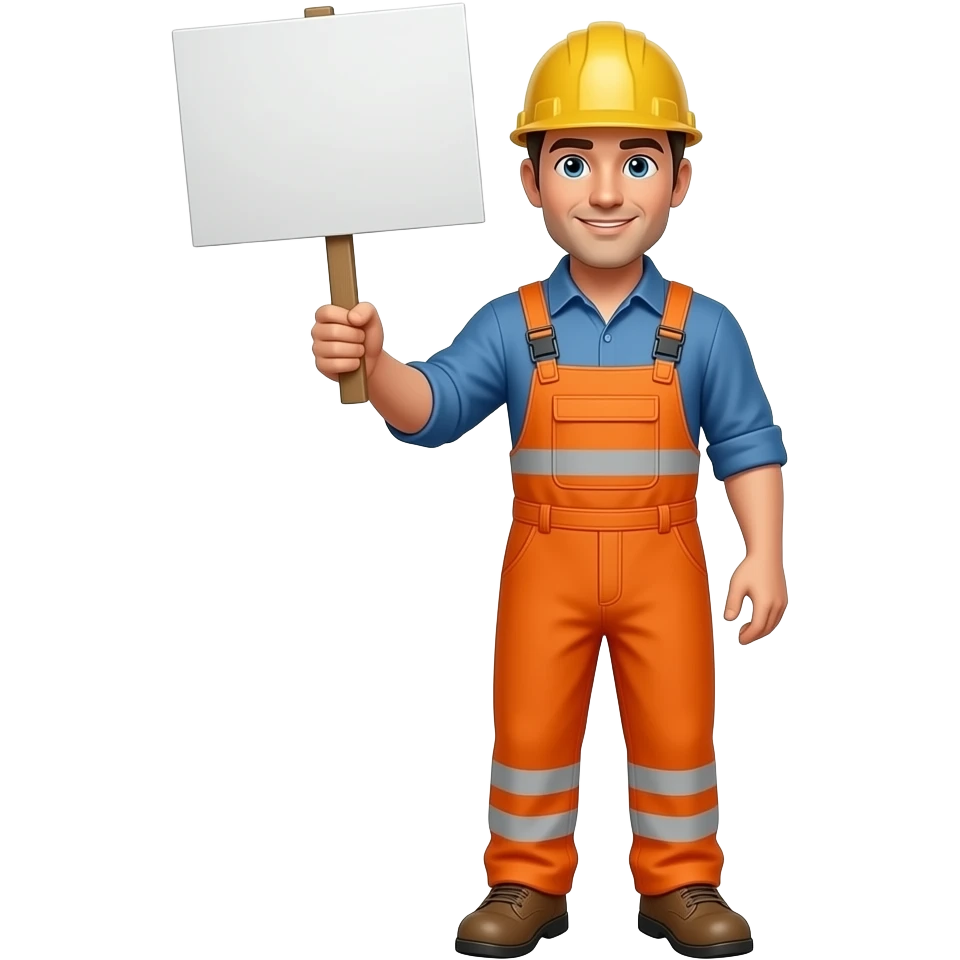 man full body in a hard hat and full orange hi-vis overalls with sleeves holding a sign emoji