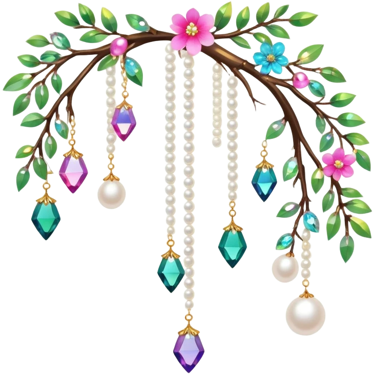 Exotic colorful romantic Few cute tiny Iridescent glistening glossy sparkly shiny glittery hanging crystals pearls and beads and gemstones scenery scenic decorations with branches and flowers emoji