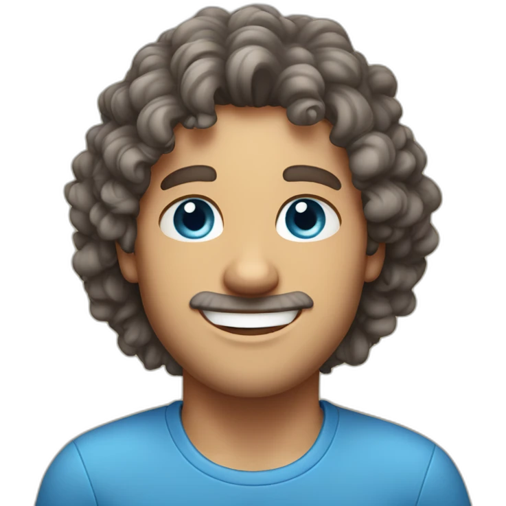 man-with big smile-curly brown-hair with grey streaks-and-blue-eyes, blue shirt emoji