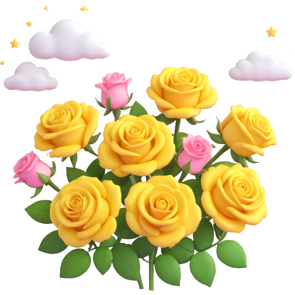 Polaroid picture with yellow roses and a pink sky with stars and clouds, detailed, white background, 3D iOS style emoji