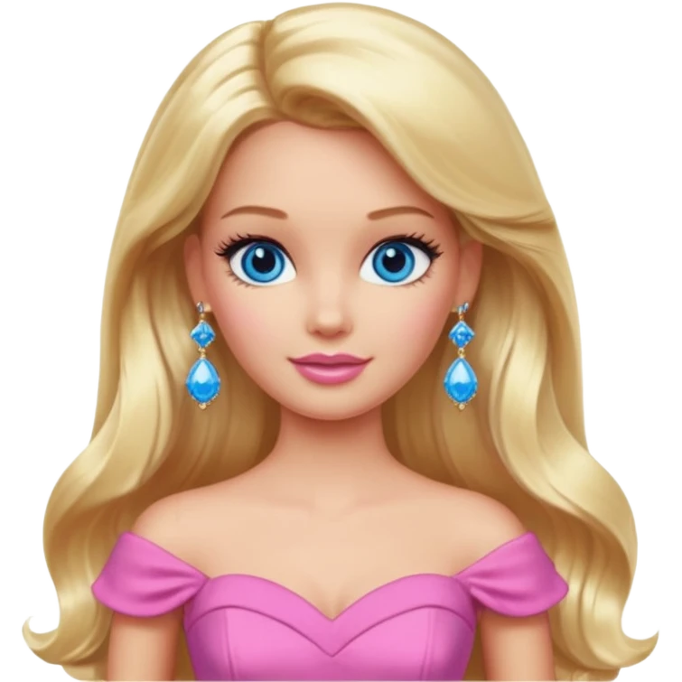 barbie, long blonde hair, pink dress, with blue eyes,different dress, big ear rings. emoji