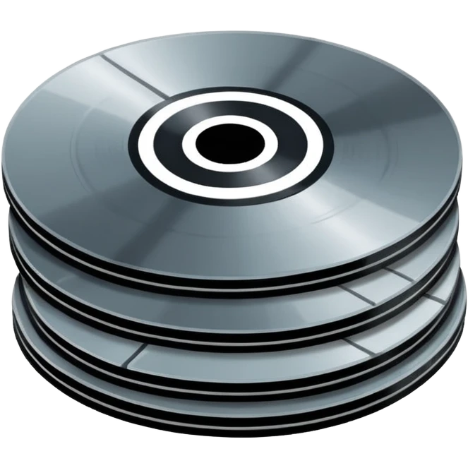 Minimalist emoji-style sticker of a small stack of DVD discs, one cracked, one with burn marks. Top-down view, grayscale and muted tones, flat design, no text. emoji
