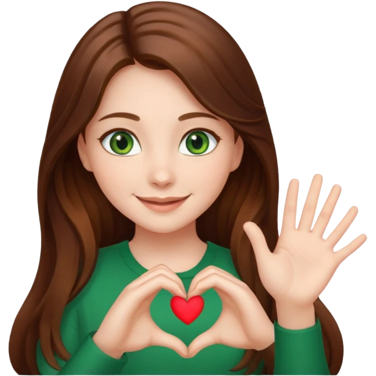 Girl green eyes brown long hair doing hands heart emoji