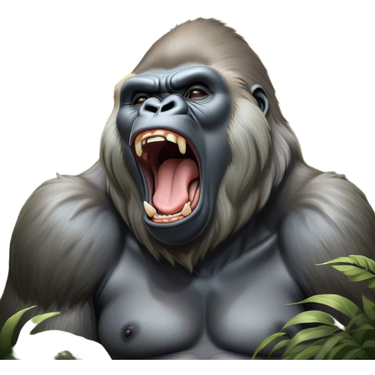 Cinematic Cute Yawning Silverback Gorilla Portrait Emoji, Head tilted slightly with a dramatic, wide-open yawn, showcasing a formidable build with a silvery mane and drowsy, half-closed eyes, Simplified yet irresistibly adorable features, highly detailed, glowing with a soft, cozy jungle glow, high shine, relaxed yet expressive, stylized with a dash of whimsical primate charm, soft glowing outline, capturing the essence of a drowsy yet affectionate guardian that appears ready to stretch out for a nap! emoji