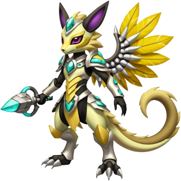 Colorful masked armored leathery scaly furry Futuristic Meloetta-Manectric-Solgaleo-Raikou-Pokémon-Digimon-Fakémon-fusion-hybrid-creature, full body emoji