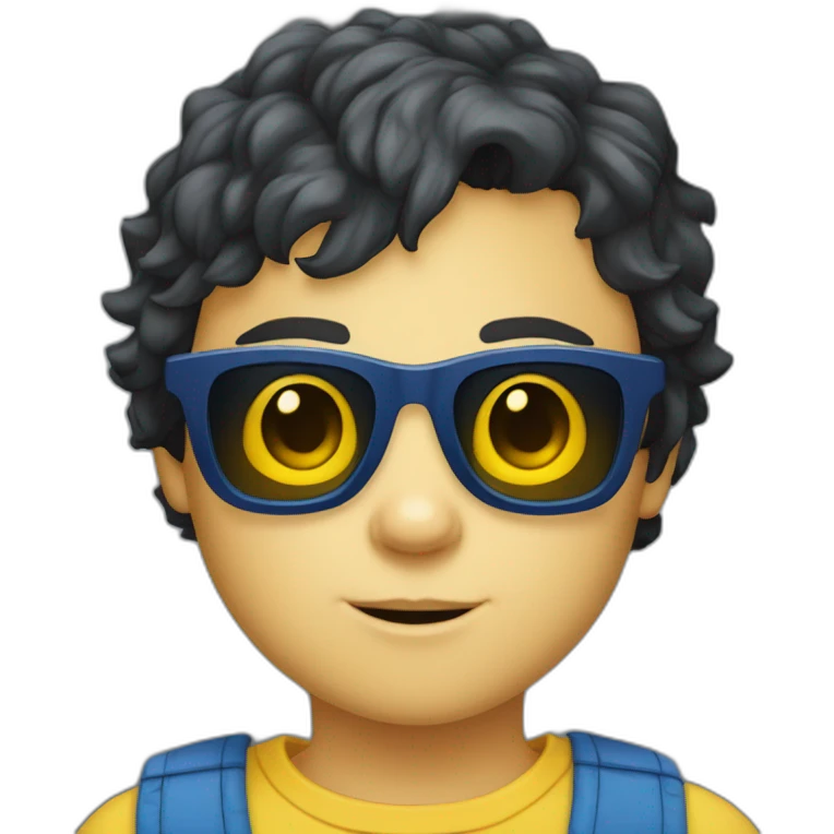 scruffy dark haired white child yellow sunglasses blue vest dark blue shirt emoji