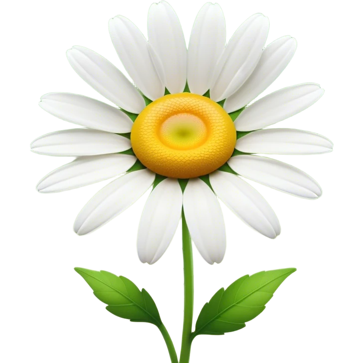 Cinematic Realistic Daisy Emoji, Cheerful and pure, with bright white petals surrounding a sunny yellow center, standing proudly atop a slender green stem. The soft, vibrant petals seem to radiate positivity, while a few green leaves frame the delicate flower. Soft glowing outline, capturing the essence of simplicity, innocence, and happiness in a single daisy. emoji