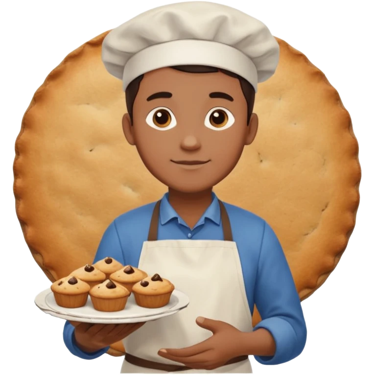 Baking community man avatar in vibrant style illustration. Pie, cookie, and muffin warm golden tones, simple shapes, flat design, high contrast. emoji