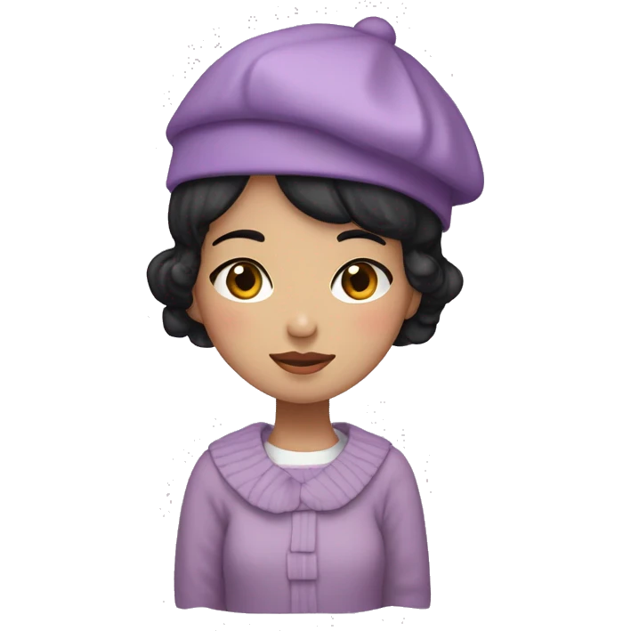 korean girl short black hair sharp jawline, wearing a lilac sweater and beret and bow emoji