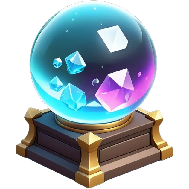 Clash of Clans aesthetic: Cinematic Playful 3D Isometric Crystal Ball Emoji, rendered in a 3D vector-style similar to standard emojis with minimal shading and bold, simplified shapes. A compact, distinct form with signature details, softly glowing with a fantasy RPG magic charm. Simplified yet unmistakably iconic, highly detailed and consistent, glowing with a soft radiance and high shine. Stylized with a touch of heroic grandeur and a soft glowing outline, capturing the essence of a beloved gaming relic with a friendly, playful manner! emoji