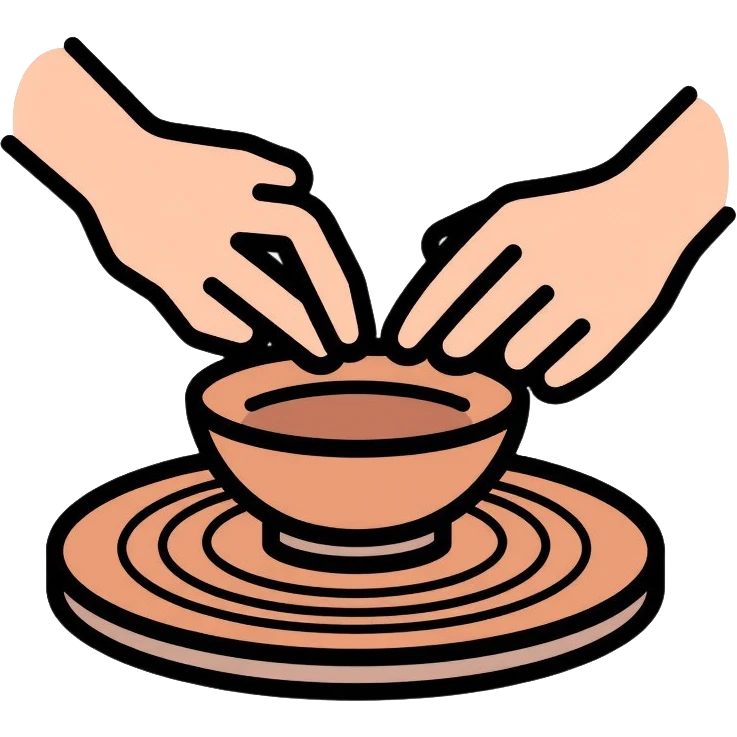 Two hands working on clay pottery, pinching and lifting clay on a pottery wheel, simple clean design with color outlines emoji