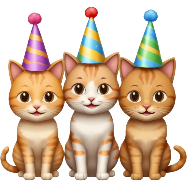  3 happy cats wearing party hats emoji