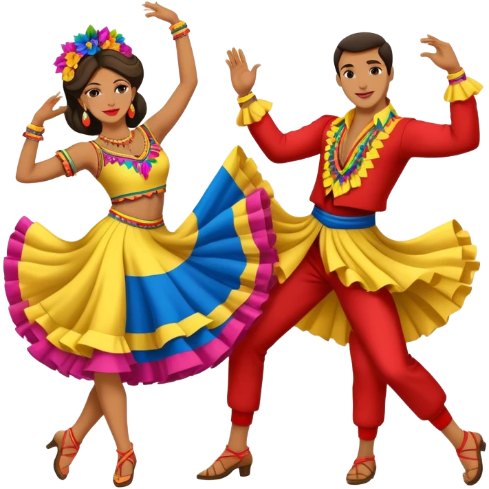 Colombian salsa dancers with colorful traditional outfits, dancing energetically with festive poses emoji
