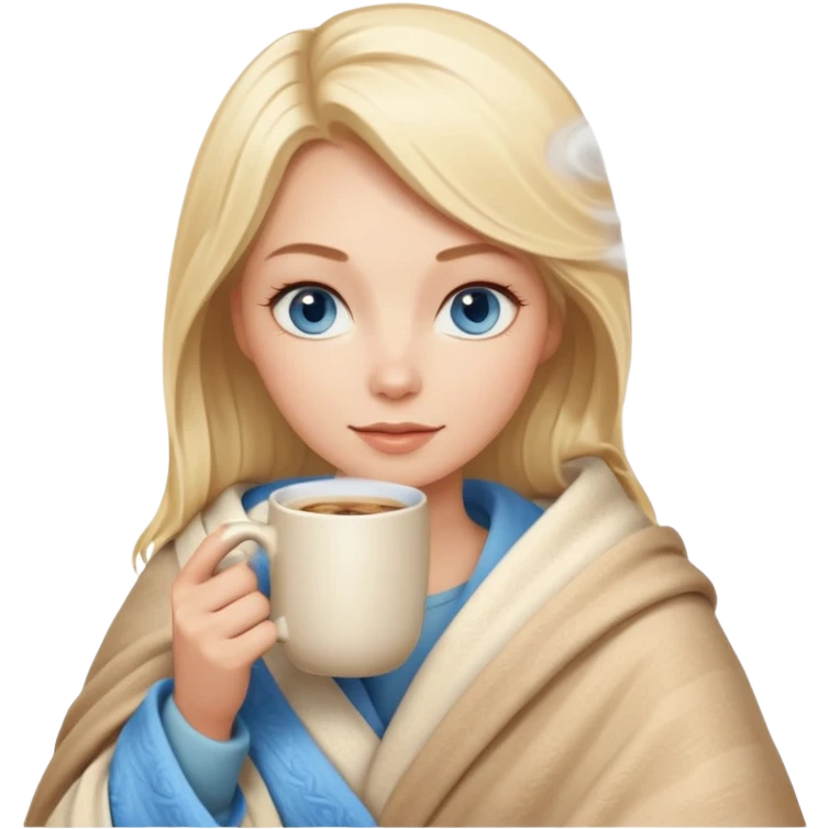 Blonde with blue eyes wrapped up in a cozy blanket with a hot coffee emoji