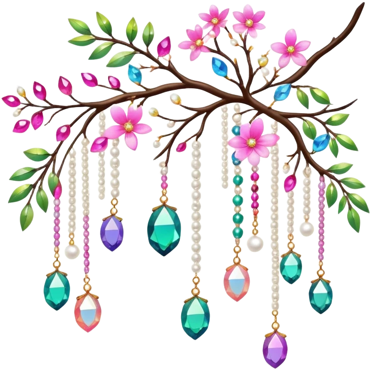 Exotic colorful romantic Few cute tiny Iridescent glistening glossy sparkly shiny glittery hanging crystals pearls and beads and gemstones scenery scenic decorations with branches and flowers emoji