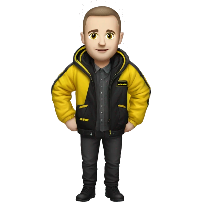 adam murray wearing a black and yellow jacket with the yellow label BPS placed on the left shoulder place on there  emoji