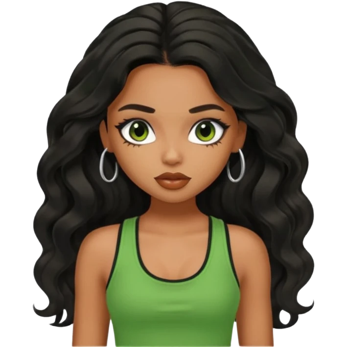a pretty bratz brown girl with long wavy black color hair and green tank top on emoji