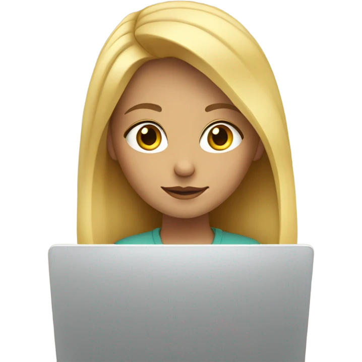 girl with blond hair sits at laptop working emoji