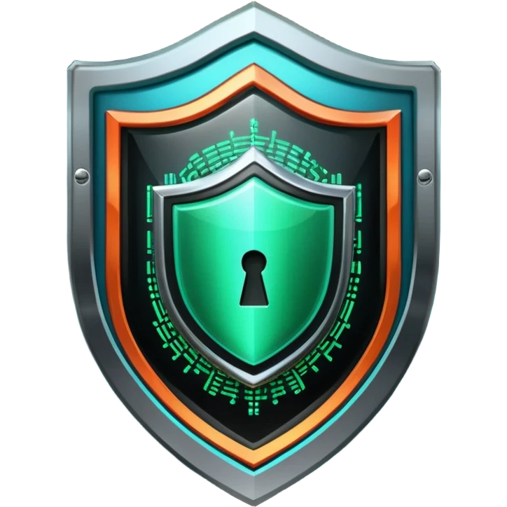 An icon featuring a shield with a digital lock, binary code, and a hacker silhouette in the background, symbolizing cybersecurity. The design includes firewalls, encrypted data streams, and warning alerts. Transparent background highlights protection of digital systems and information. emoji