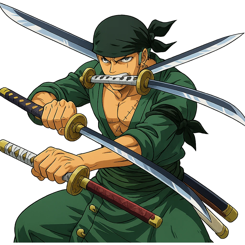 Zoro Roronoa from One Piece, anime style, bandana on head, three swords, battle-ready pose emoji