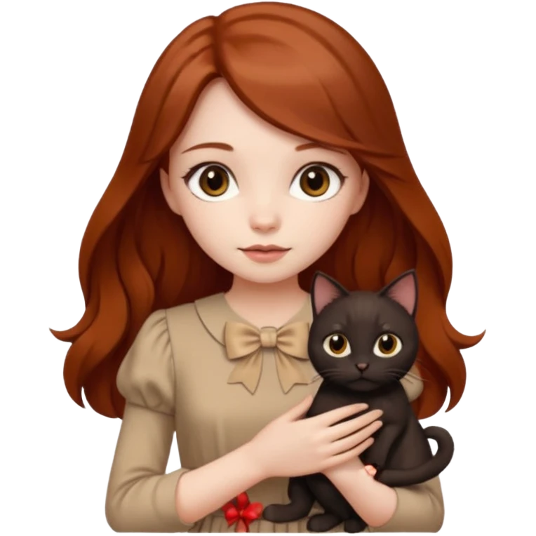 a beautiful girl with long red and brown hair, clear brown eyes, in a beige dress and with a beige bow holds two black cat in her hands emoji