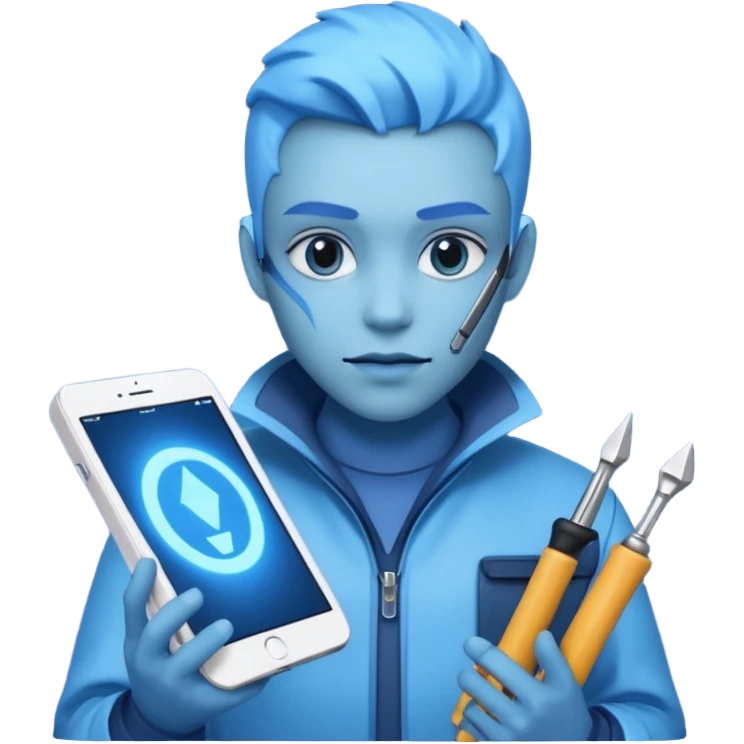 person with digital toolkit, digital vibes, blue emoji