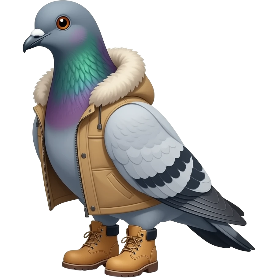 pidgeon wearing timberland boots and a parka with a fur collar emoji