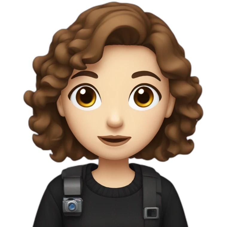 girl with short wavy brown hair, blue eyes, wearing a black sweater, holding a videocamera emoji